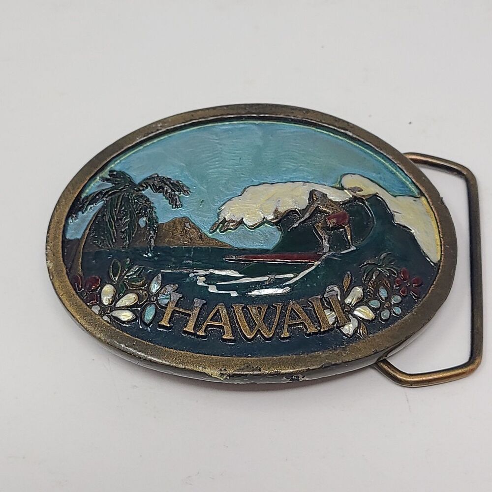 Vintage 1977 HAWAII Surfer Rare Indiana Metal Craft Brass Belt Buckle  3"x2"